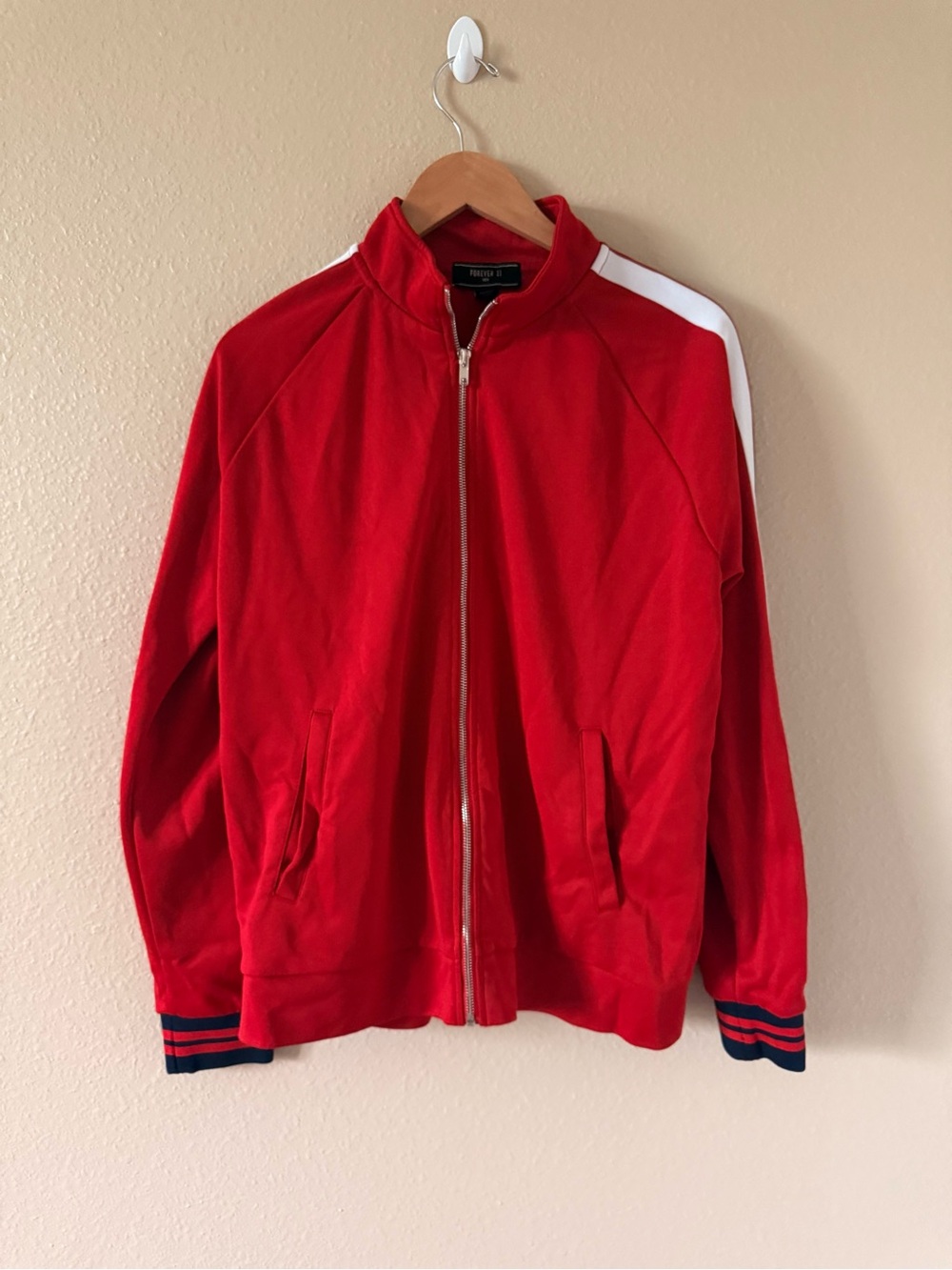 Forever 21 Red Track Bomber Jacket with White & Navy Stripes - Picture 2 of 6